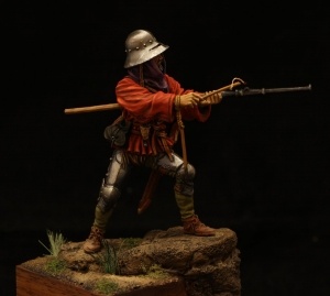 CHM-54122(M). Европейский солдат с ручной бомбардой, 1450-75 гг. 54 мм. Материал - белый металл.