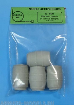 E-009 Дополнения для моделей Wooden barrels for water, beer, wine and strong beverages. Four various designs in 1/35 scale
