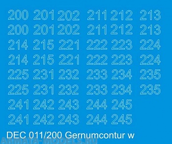 DEC011/200 Контурные номера на немецкую технику масштаб 1/100 с 100 по 400. Цвет – белый контур